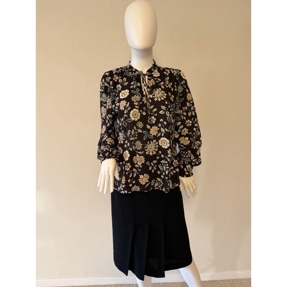 LOFT Tops - LOFT Women's Petite Floral Tie Neck Blouse Black Long Sleeve Size SP